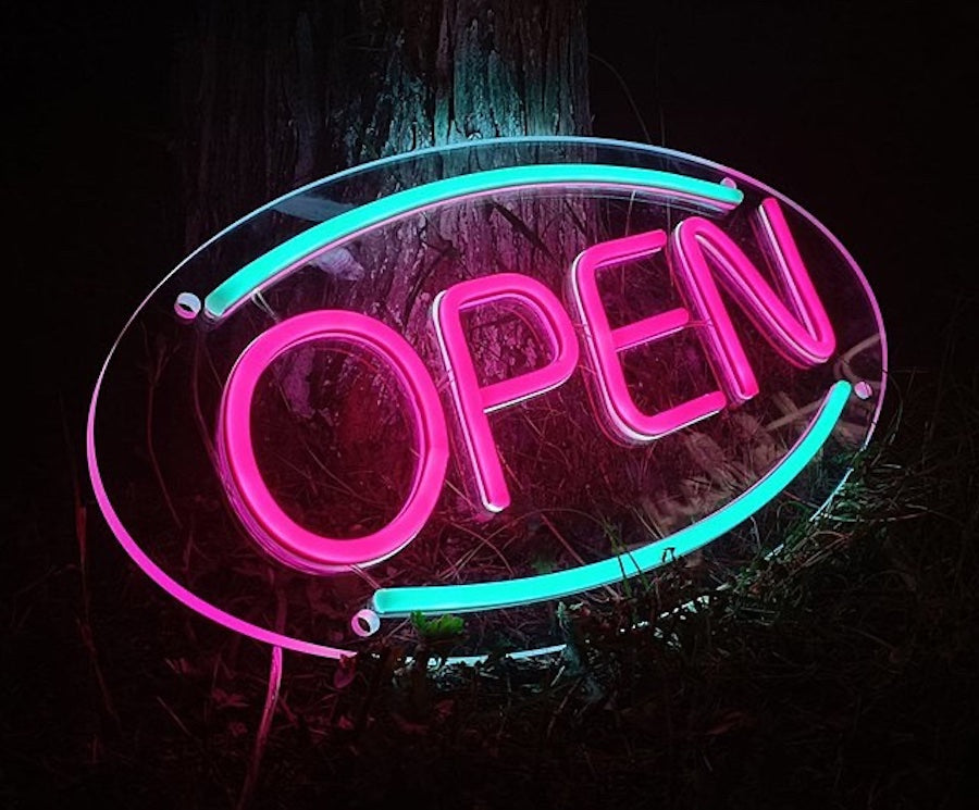 Open neon signs are made from materials that are easier to recycle