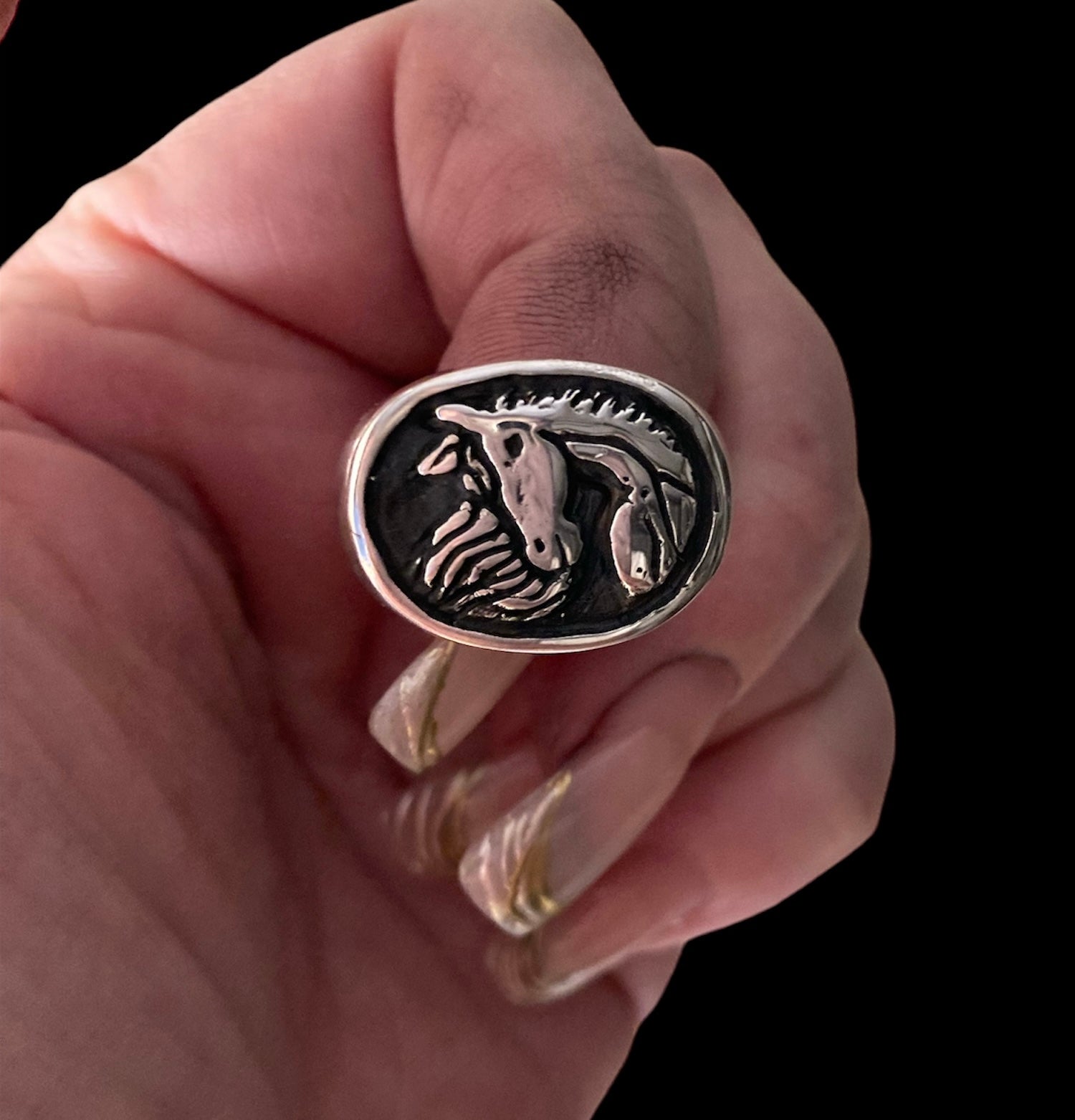 Custom Sterling Silver & Oxidized Oval Solid Horse Head Ring