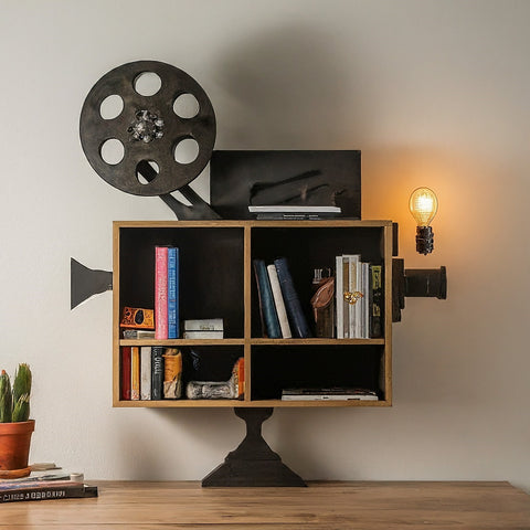 movie reel inspired bookshelf