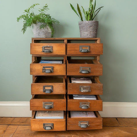 wooden drawers converted into rustic bookshelves