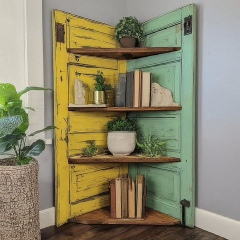 vintage wooden doors converted into a colorful bookshelf