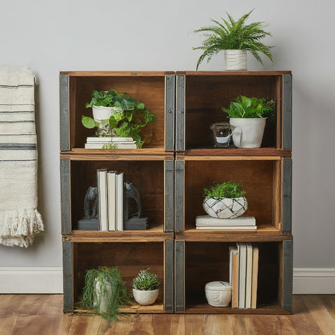 wooden crates used as bookshelf