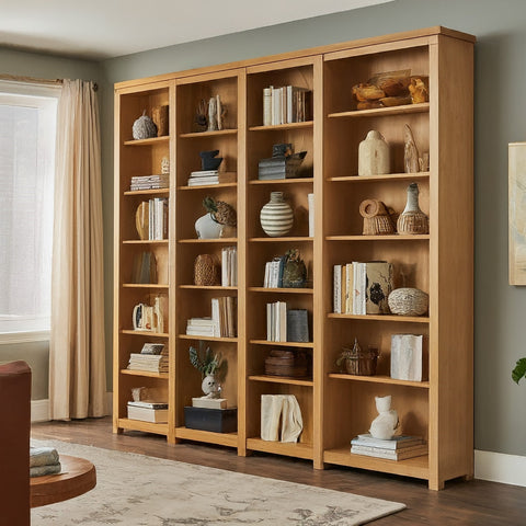 A classic wooden built-in bookshelf