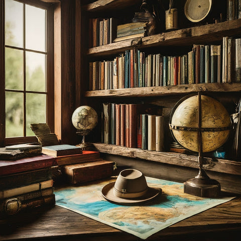 a adventure-themed rustic bookshelf