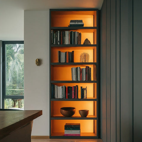 an LED lit bookshelf
