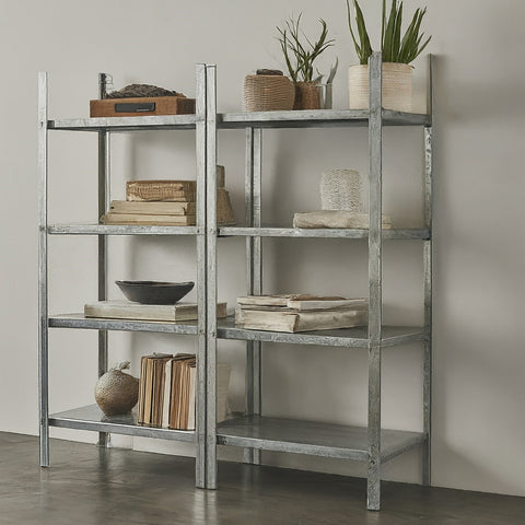 galvanised bookshelf with adjustable shelves and panels