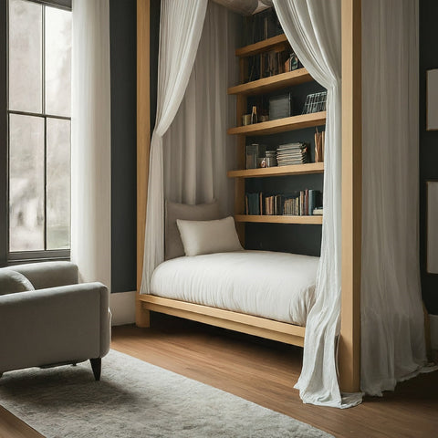 canopy bookshelf with curtains in bedroom