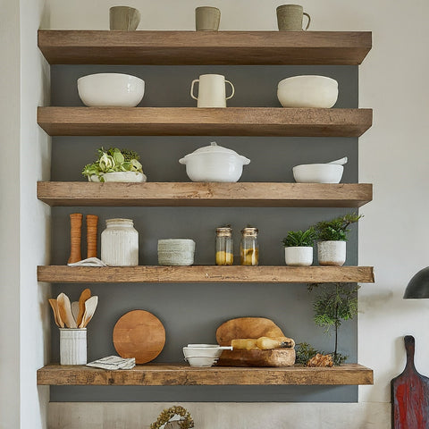 an open shelf kitchen unit
