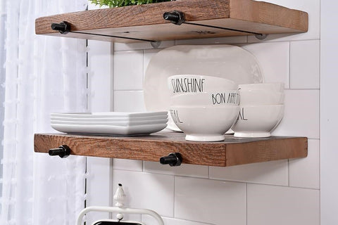 wall mounted shelves used to store dinnerware