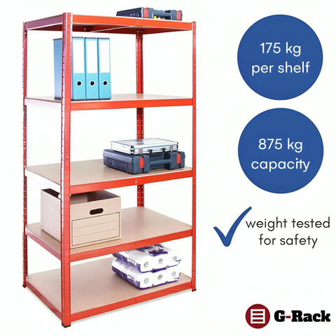 an image describing the features of G-Rack boltless shelving unit