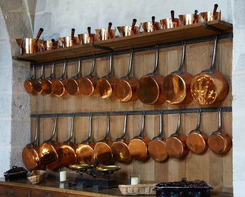 pot rack shelving holding copper pots and pans