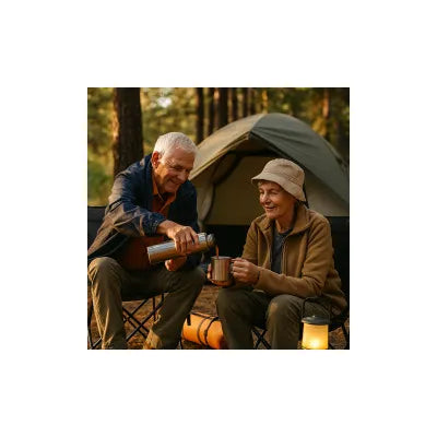 Smiling senior campers relaxing by a tent with warm light, safe setup, and easy-to-carry gear for comfortable outdoor time.