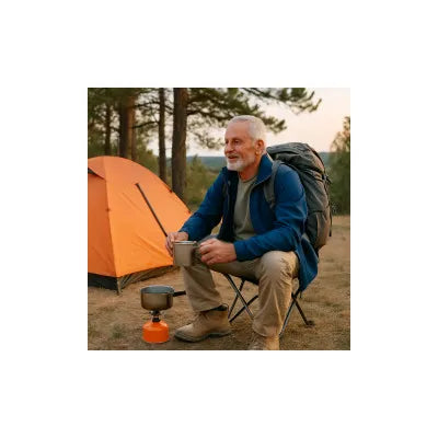 Senior campers sit near a light, freestanding tent on level ground; water and a lantern are placed within easy reach for joint-friendly movement.