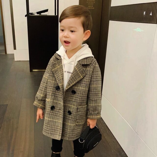 Baby Boy Girls Woolen Jacket Long Double Breasted Warm Infant Toddle Lapel Tweed Coat Spring Autumn Winter Baby Outwear Clothes