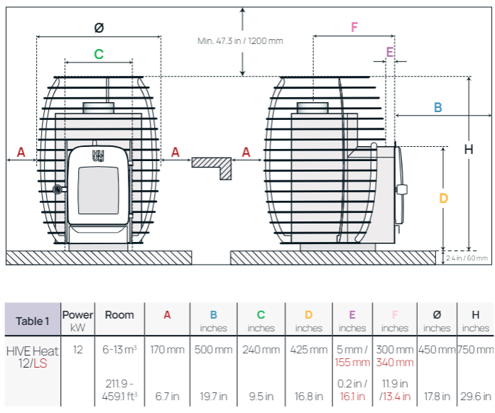 HUUM Hive Heat 12 Dimensions