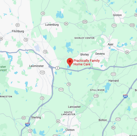 Map of the Central Massachusetts area, with a pin where Practically Family Home Care is located