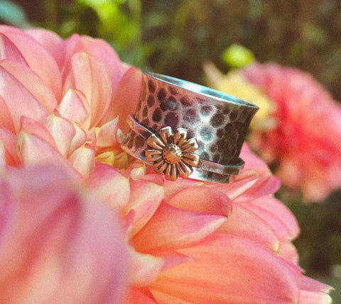 gold sunflower and sterling silver nature inspired fidget spinner ring for women available at boho magic