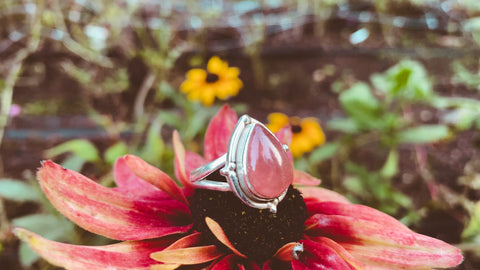 Sterling silver and genuine rhodochrosite gemstone teardrop ring for women available at boho magic.