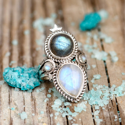 genuine moonstone and labradorite gemstone sterling silver moon theme ring for women available at boho magic