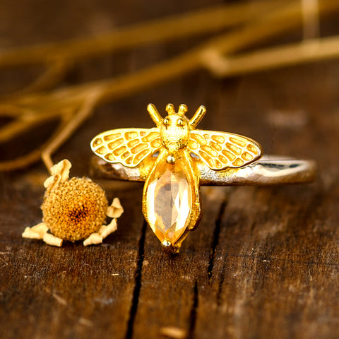 genuine citrine gemstone sterling silver and gold bee ring for women available at boho magic