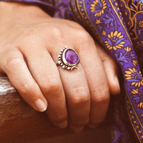 genuine amethyst gemstone sterling silver celestial ring for women valentines gifts gifts for women available at boho magic