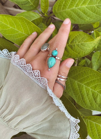 Genuine turquoise gemstone and sterling silver goddess ring for women available at boho magic