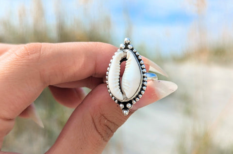 Authentic white cowrie shell and sterling silver ring for women available at Boho Magic