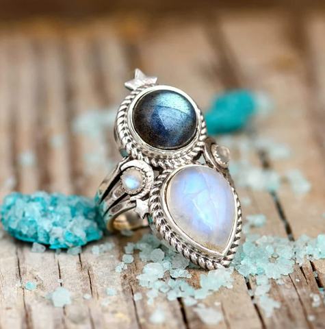 Labradorite and Moonstone ring with stars for women .925 sterling silver available at Boho-Magic