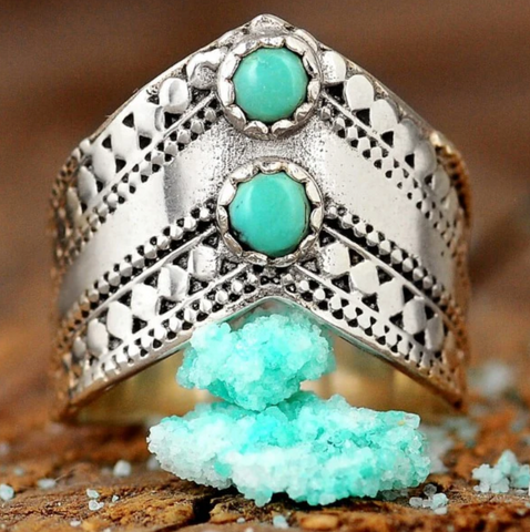 Double set bright round turquoise .925 sterling silver ring for women available at Boho Magic