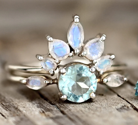 Aquamarine and moonstone statement ring for women with .925 sterling silver available at and designed by Boho-Magic Jewelry