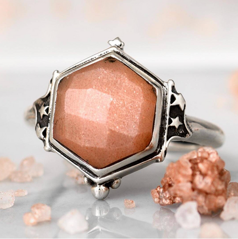 Peach moonstone sterling silver ring with stars for women available at Boho Magic