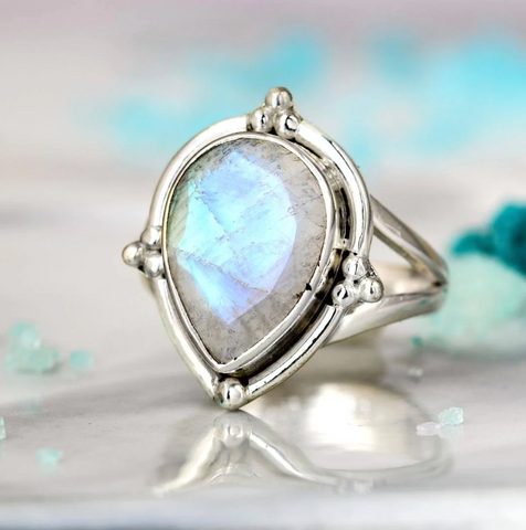 Teardrop Faceted Moonstone Ring with sterling silver and genuine gemstone available at Boho Magic