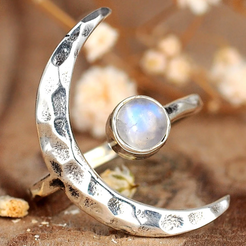 Sterling Silver Crescent Moon Ring with genuine Moonstone gemstone available at Boho Magic