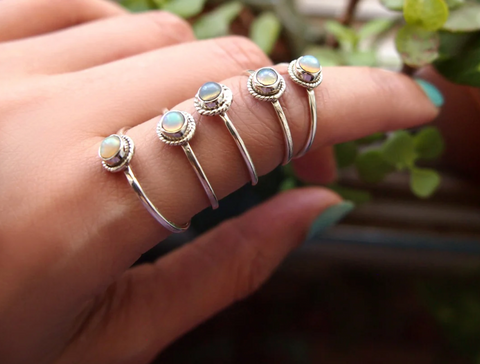 Sterling silver genuine gemstone opal stacking rings available at boho magic