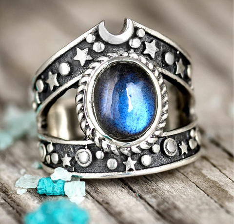 deep blue labradorite sterling silver ring with a crescent moon and stars