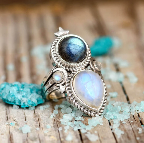 labradorite and moonstone sterling silver ring with a crescent moon for women available at boho magic
