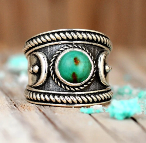 genuine turquoise sterling silver ring for women with crescent moons available at boho magic