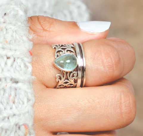 teardrop genuine aquamarine gemstone sterling silver fidget spinner ring for women available at Boho Magic