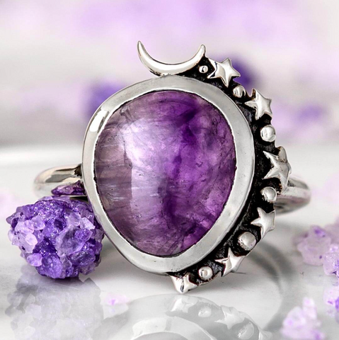 genuine amethyst and sterling silver celestial crescent moon and star design ring for women available at Boho Magic