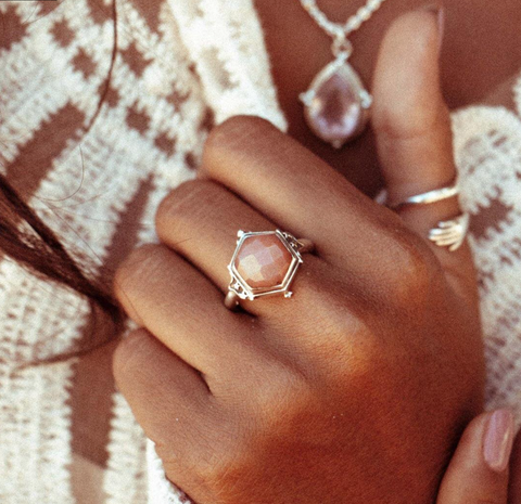 genuine Peach Moonstone sterling silver Celestial Ring available at boho magic