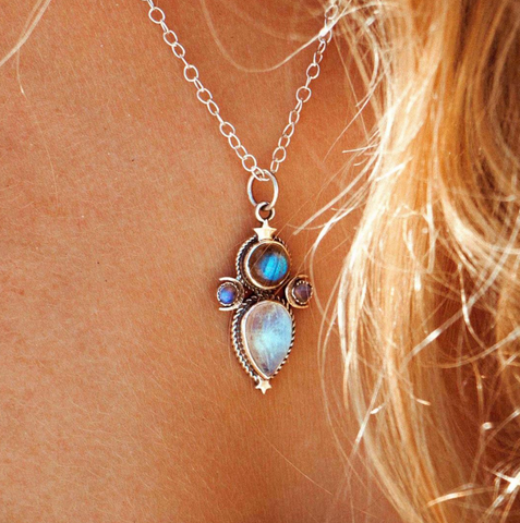 Genuine Labradorite and Moonstone Celestial sterling silver Goddess Necklace for women available at Boho Magic