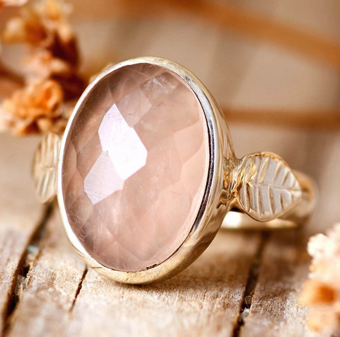 genuine rose quartz crystal gemstone sterling silver leaf design ring for goddesses and women available at Boho Magic