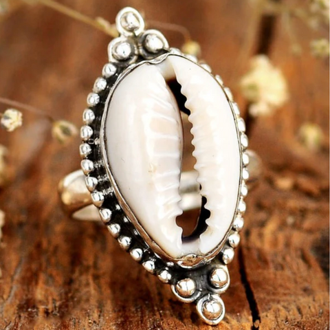 genuine cowrie shell and sterling silver ring for beachy women available at boho magic