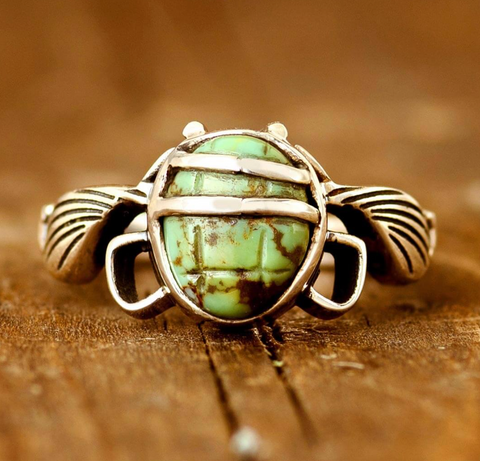 genuine turquoise gemstone and sterling silver Egyptian scarab ring for women available at boho magic