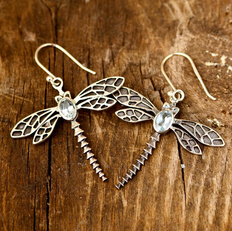genuine aquamarine gemstone and sterling silver dragonfly earrings for women available at boho magic