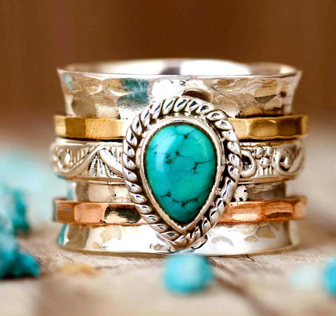 genuine teardrop turquoise gemstone and sterling silver fidget spinner ring for women available at Boho Magic