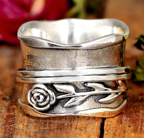 rose design sterling silver fidget spinner ring for women and nature lovers available at Boho Magic