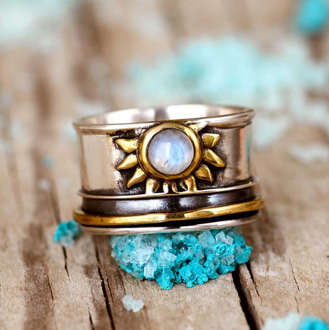 genuine moonstone gemstone and sun design sterling silver fidget spinner ring for women and nature lovers available at Boho Magic