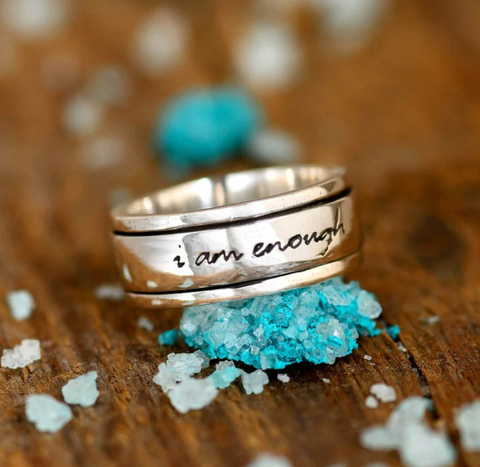 sterling silver fidget spinner ring that says "I am Enough" fit or women available at Boho Magic