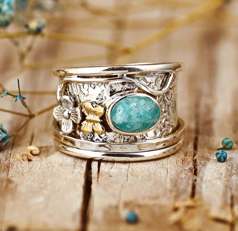 genuine amazonite gemstone sterling silver fidget spinner ring for women and nature lovers featuring a bee and flower available at Boho Magic
